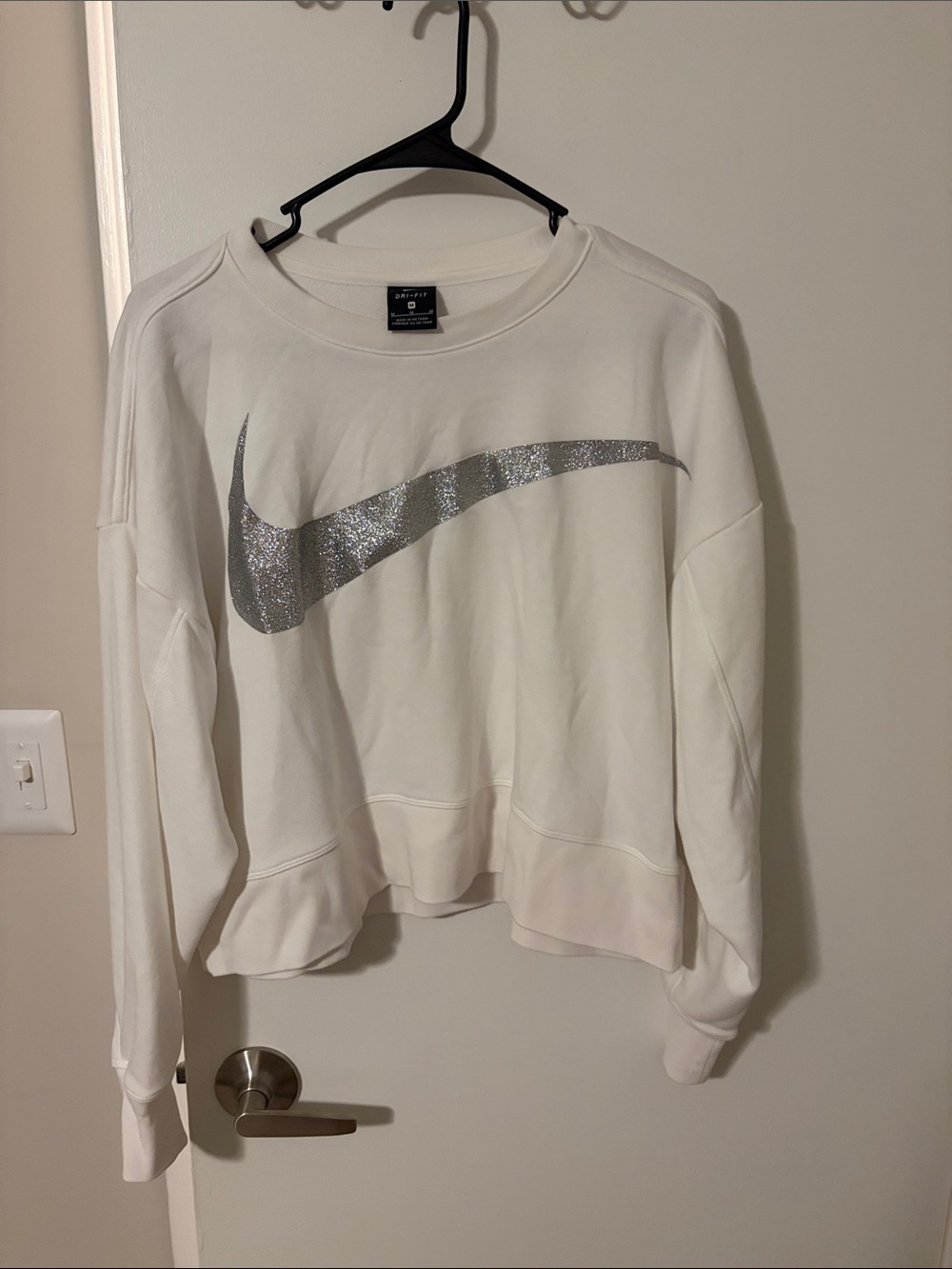 Nike White Crewneck Sweatshirt with Silver Glitter Swoosh - Picture 1 of 2